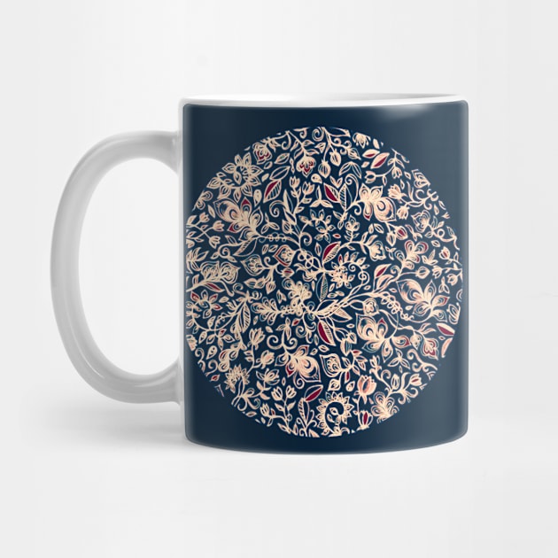 Navy Garden - floral doodle pattern in cream, dark red & blue by micklyn